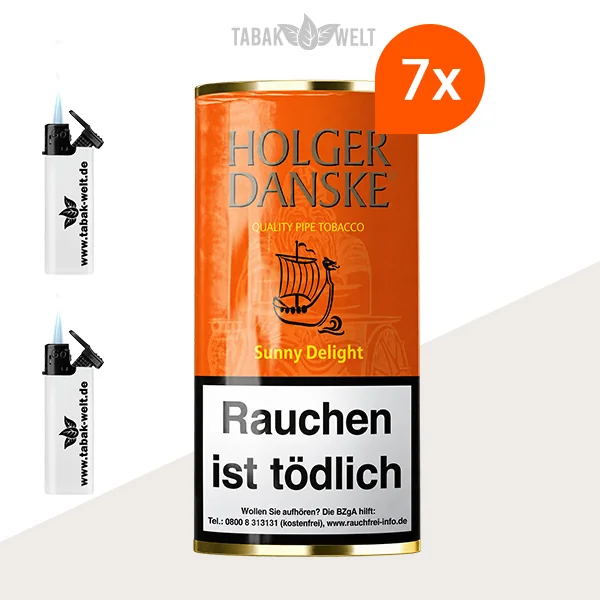 Holger Danske Sunny Delight Pfeifentabak im 7er-Pouch-Pack mit Feuerzeugen