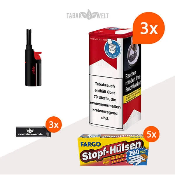 Marlboro Red Feinschnitt Tabak – 3 Dosen mit 1000 King Size Hülsen und Stabfeuerzeug