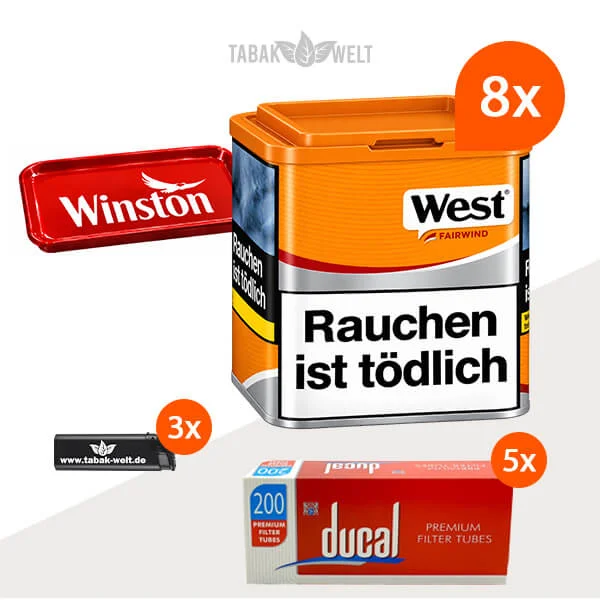West Yellow Volumentabak 8er-Dosen-Set mit 1000 Zigarettenhülsen und Stopftablett