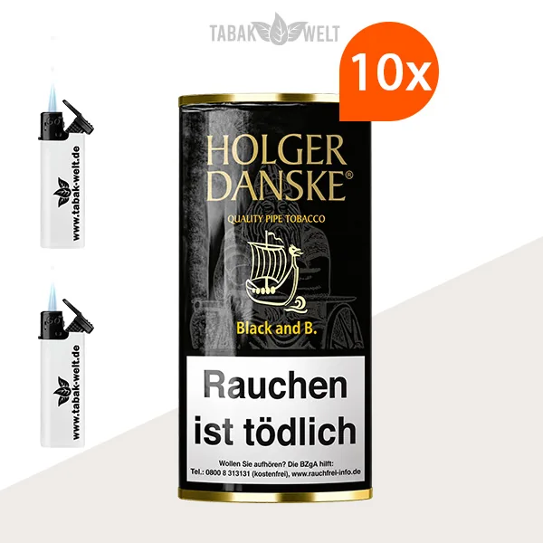 Holger Danske Black and Bourbon Pfeifentabak – 10 Pouches mit Feuerzeugen im Set