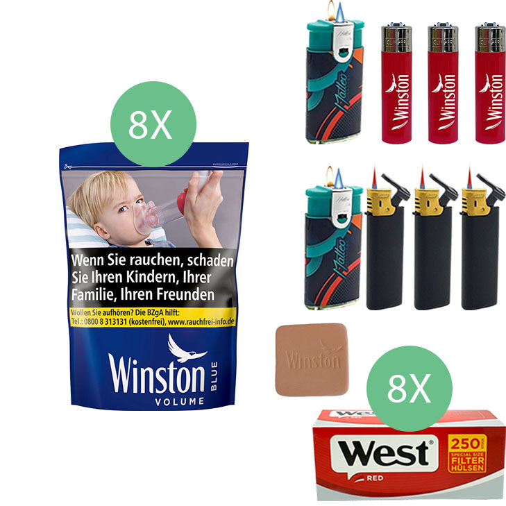 Winston Blue 8 x 113g mit 2000 West Red Special Size Filterhülsen