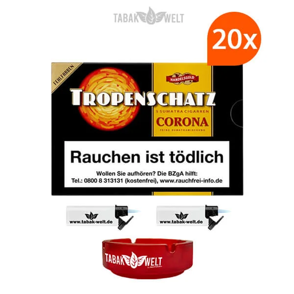 20x-tropenschatz-sumatra-corona-no.-421-f-cigarren-mit-sturm-feuerzeuge-und-glas-aschenbecher