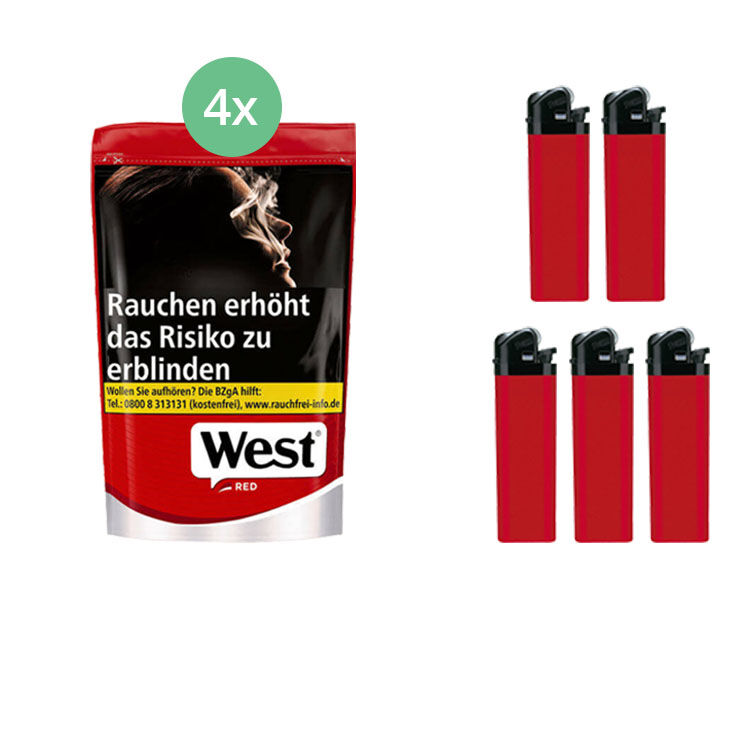 West Tabak XL Red 4 x Beutel mit Feuerzeugen