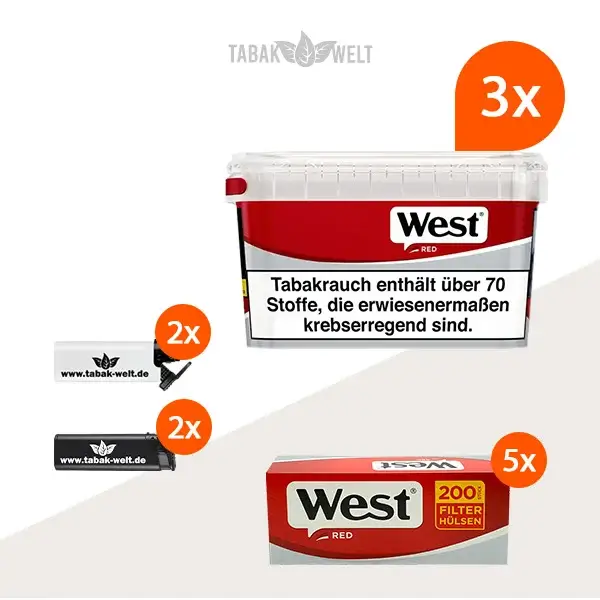 west-red-volumentabak-3x-mega-box-mit-1000-huelsen-und-sturmfeuerzeugen