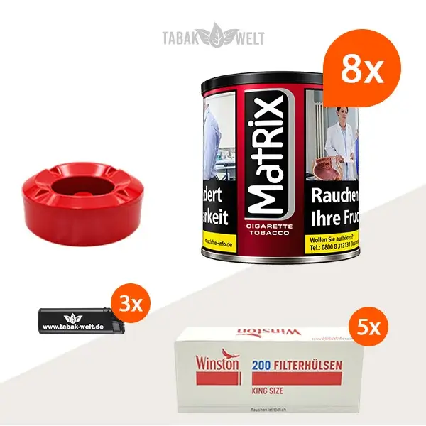 Matrix Red Feinschnitt Tabak, 8 Dosen mit 1000 King Size Hülsen