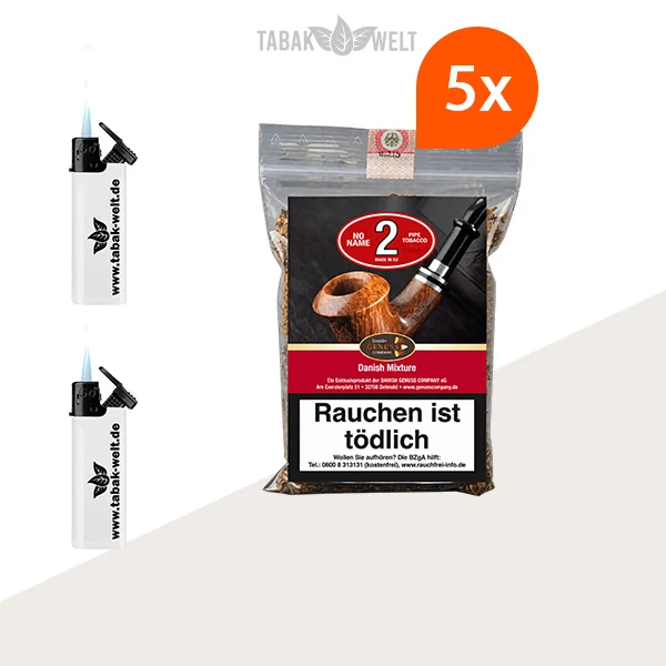 No Name No. 2 Danish Mixture Pfeifentabak – 5 Beutel mit Sturmfeuerzeugen