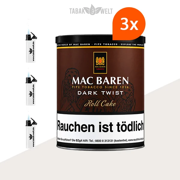 Mac Baren Dark Twist Pfeifentabak 3er-Dosen-Set mit Feuerzeugen