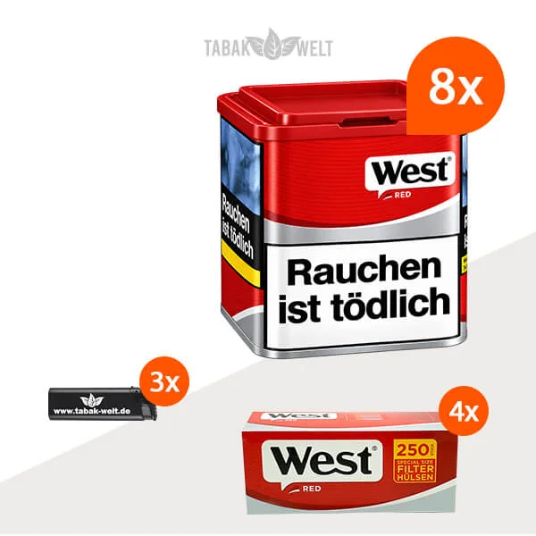 West Red Volumentabak 8 x Dose mit 1000 Special Size Hülsen und Feuerzeugen