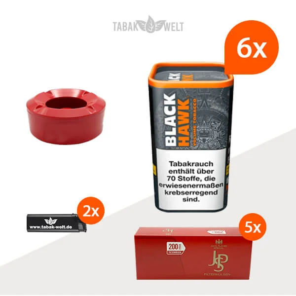 Black Hawk Volumentabak 6x Dose mit 1000 Hülsen und Windaschenbecher Black Hawk Volumentabak 6x Dose mit 1000 Hülsen und Windaschenbecher