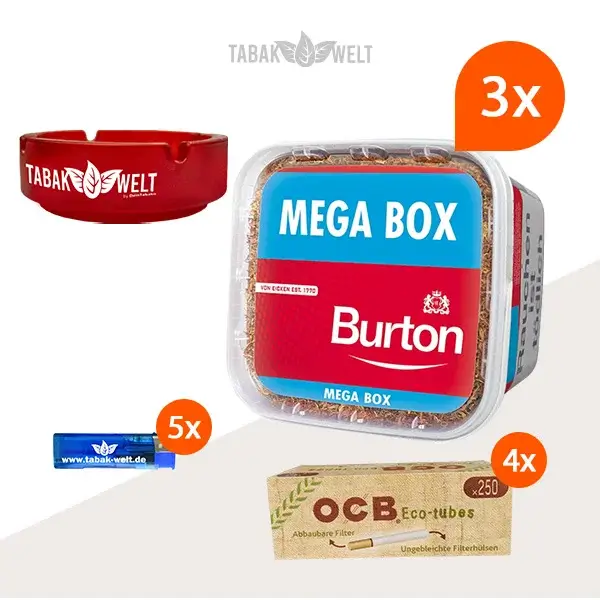 burton-red-volumentabak-3x-mega-box-mit-1000-eco-tubes-huelsen-und-glas-aschenbecher