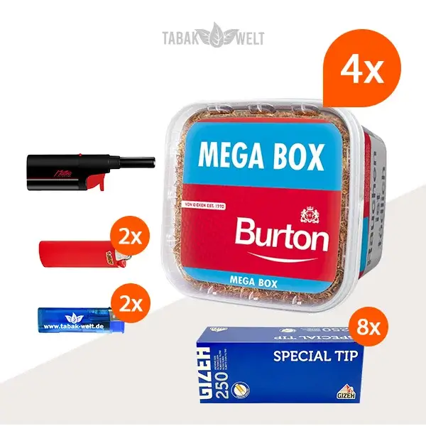 burton-red-volumentabak-4x-mega-box-mit-2000-special-tip-king-size-filterhuelsen-und-stabfeuerzeug burton-red-volumentabak-4x-mega-box-mit-2000-special-tip-king-size-filterhuelsen-und-stabfeuerzeug