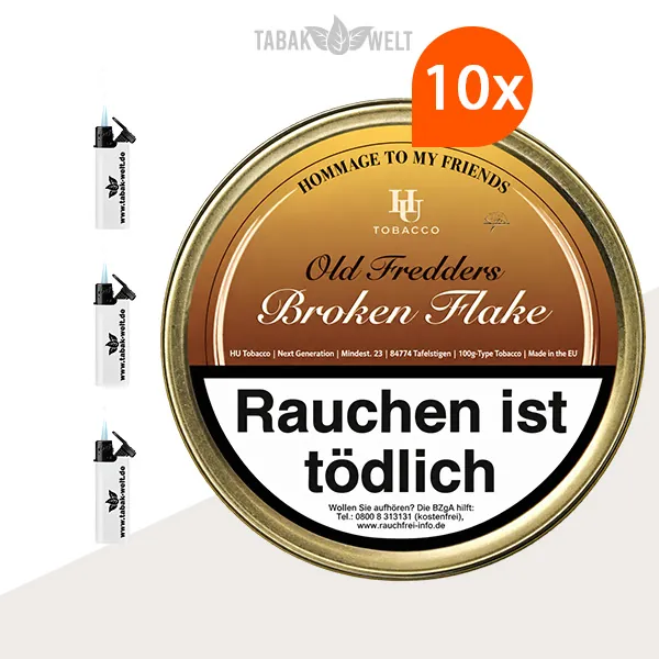 HU Tobacco Broken Flake Pfeifentabak 10 Dosen mit Feuerzeugen