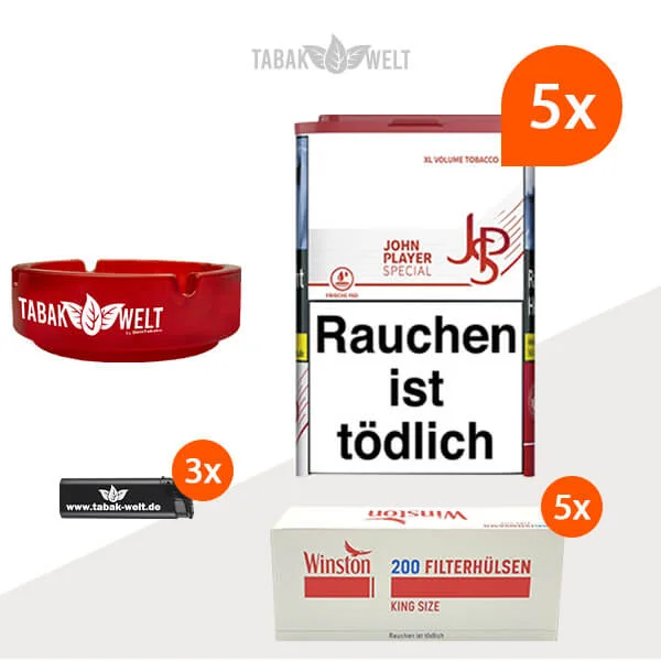 JPS XL Red Volumentabak 5x Dose mit 1000 King Size Hülsen und Aschenbecher