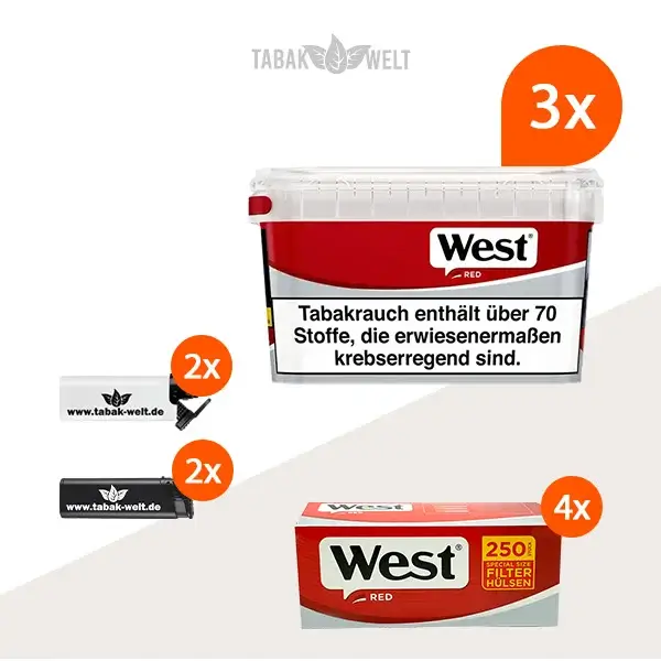 west-red-volumentabak-3x-mega-box-mit-1000-special-size-huelsen-und-sturmfeuerzeugen