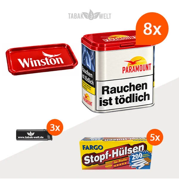 : Paramount Red Volumentabak 8 x Dose mit 1000 King Size Hülsen und Stopftablett