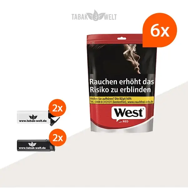 west-red-volumentabak-6x-beutel-mit-feuerzeugen