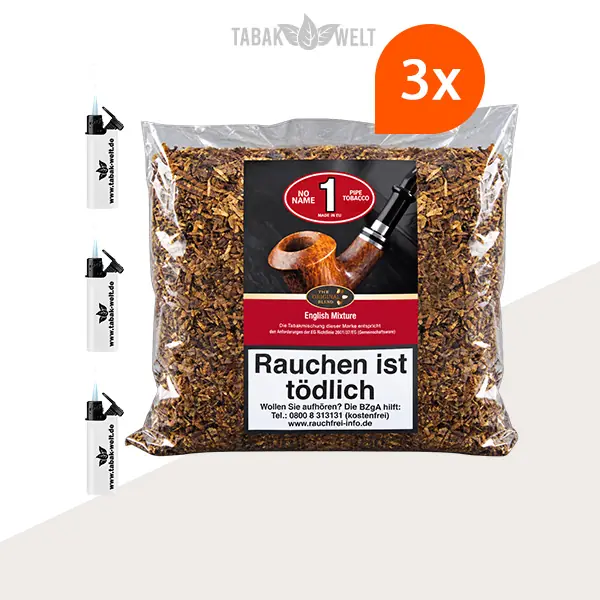 No Name No. 1 English Mixture Pfeifentabak – 3 Beutel mit Feuerzeugen