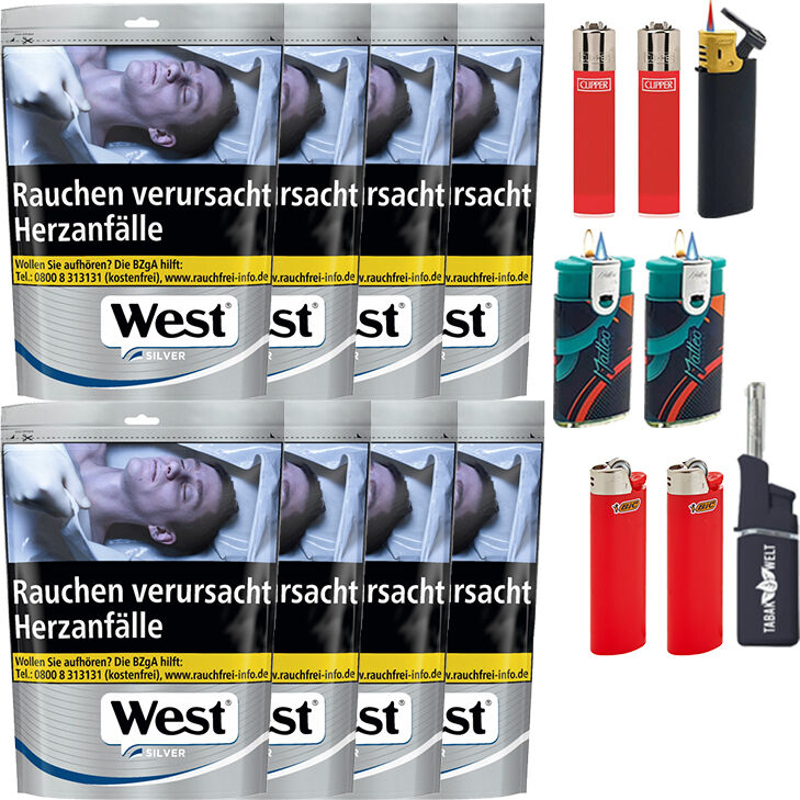 10-x-west-silver-Beutel-96g-mit-feuerzeug-set