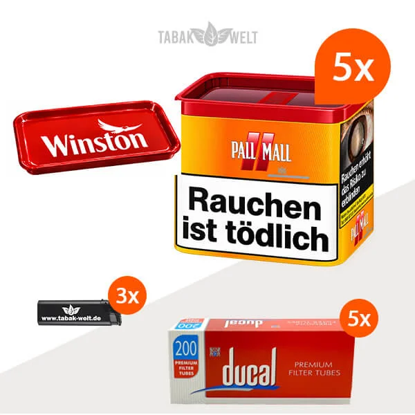 Pall Mall Volumentabak Allround Red 5 x Dose mit 1000 Filterhülsen und Feuerzeugen