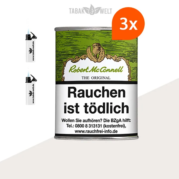 Robert McConnell Original Black & Gold Pfeifentabak 3x Box mit Sturmfeuerzeugen