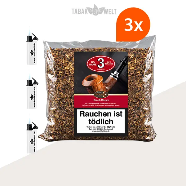 No Name No. 3 Ready Rubbed Große Pfeifentabak – 3 Beutel mit Sturmfeuerzeugen
