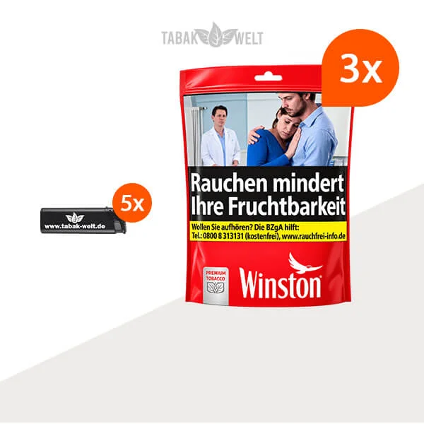 Winston Tabak Red XXL – 3 Beutel mit Feuerzeugen