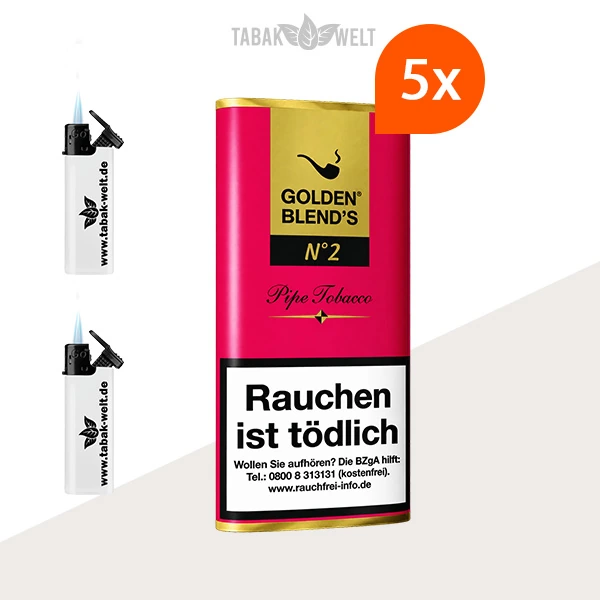 Golden Blend’s No. 2 Pfeifentabak – 5 Pouch-Beutel mit Feuerzeugen
