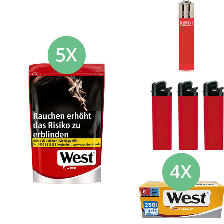 West Tabak XL Red 5 x Beutel mit 1000 Yellow Special Size Hülsen