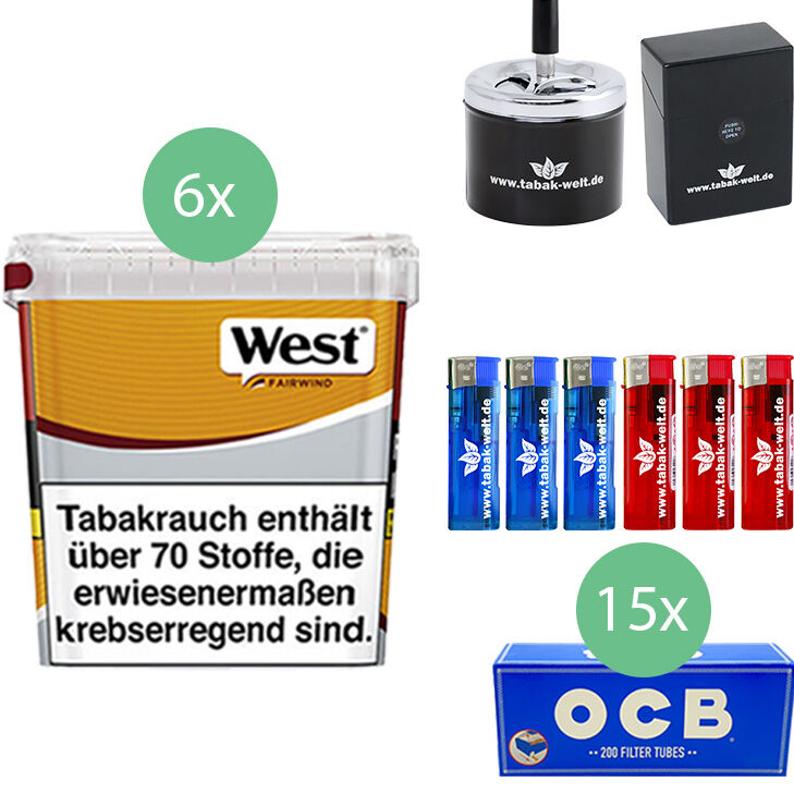 West Volumentabak Yellow 6 x Giga Box mit 3000 OCB Hülsen und Aschenbecher