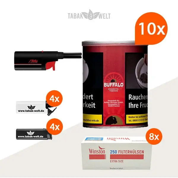 buffalo-red-feinschnitttabak-10x-dose-mit-2000-extra-size-huelsen-und-stabfeuerzeug buffalo-red-feinschnitttabak-10x-dose-mit-2000-extra-size-huelsen-und-stabfeuerzeug