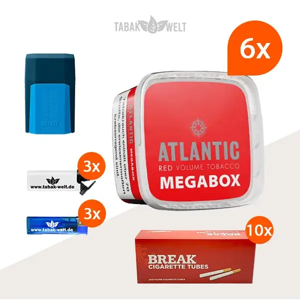Atlantic Red Premium Volumentabak 6x Mega Box mit 2000 Hülsen und Etui