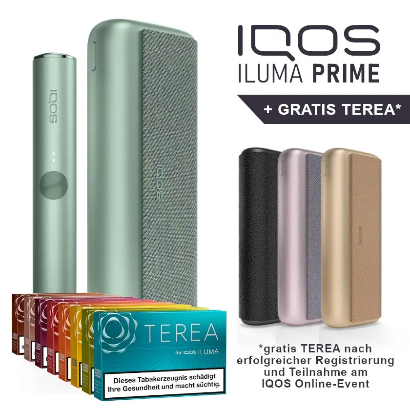 Die Iqos Iluma Prime in all seinen Farben. Dazu gratis Terea Sticks in allen Geschmaeckern