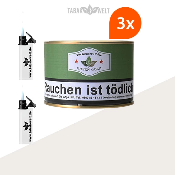 HU Tobacco Green Gold Pfeifentabak, 3 Dosen mit Feuerzeugen