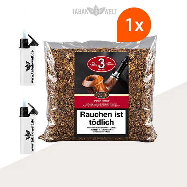 No Name No. 3 Ready Rubbed Grobe Pfeifentabak – 1 Beutel mit Sturmfeuerzeugen