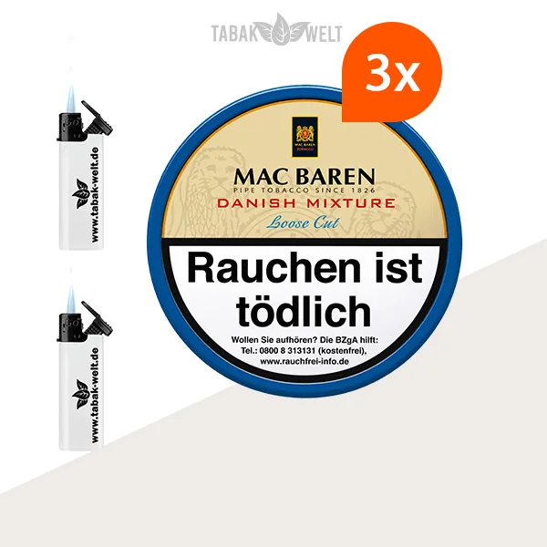 Mac Baren Danish Mixture Pfeifentabak 3er-Dosen-Set mit Feuerzeugen