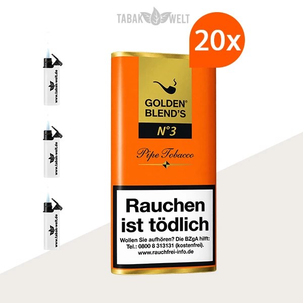 Golden Blend’s No. 3 Pfeifentabak – 20 Pouch-Beutel mit Feuerzeugen