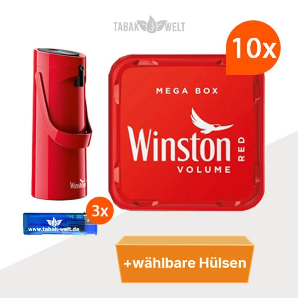 Winston Red Volumentabak 10x Mega Box mit wählbaren Hülsen und Kaffee-Pumpkanne 