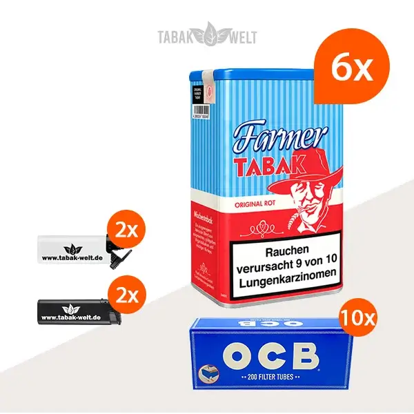 Farmer Rot Pfeifentabak 6x Dose mit 2000 OCB Hülsen