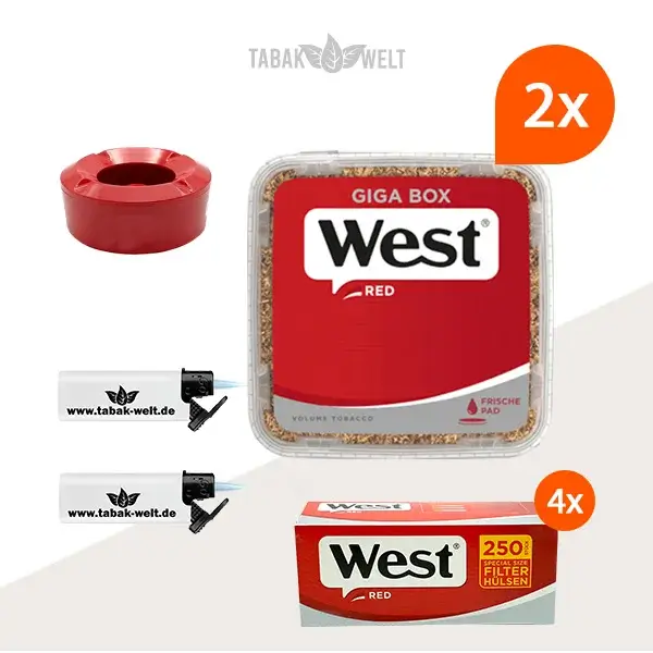 west-red-volumentabak-2x-giga-box-mit-1000-huelsen-und-sturmfeuerzeugen