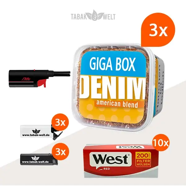 Denim Blend Volumentabak 3x Giga Box mit 2000 King Size Hülsen