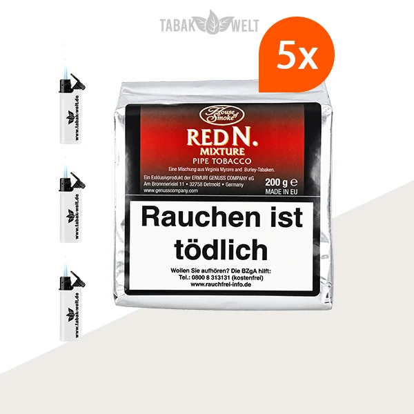 House of Smoke Red N. Mixture Pfeifentabak – 5 x Box mit Feuerzeugen
