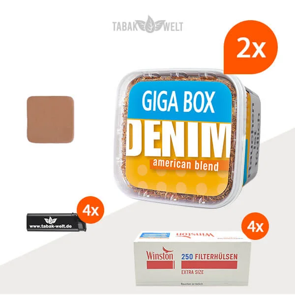 denim-blend-volumentabak-2x-giga-box-mit-1000-extra-size-huelsen-und-tabakbefeuchter
