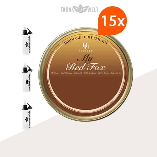 HU Tobacco Red Fox Pfeifentabak – 15 Dosen mit Feuerzeugen