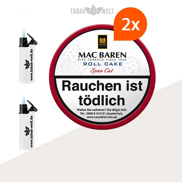 Mac Baren Roll Cake Pfeifentabak – 2 Dosen mit Feuerzeugen
