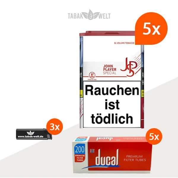 JPS XL Red Volumentabak 5x Dose mit 1000 Filterhülsen und Feuerzeugen