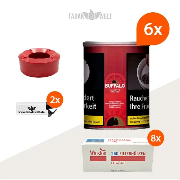 buffalo-red-feinschnitttabak-6x-dose-mit-2000-extra-size-huelsen-und-windaschenbecher