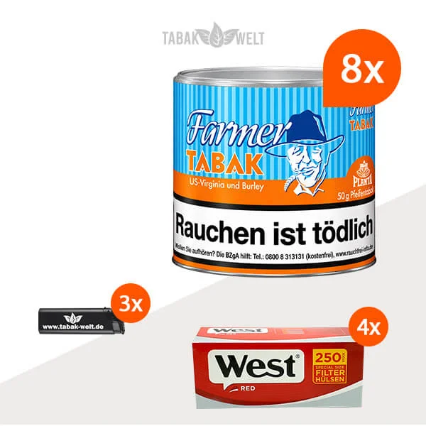 Farmer Orange Pfeifentabak Virginia und Burley, 8 Dosen mit 1000 Special-Size-Filterhülsen