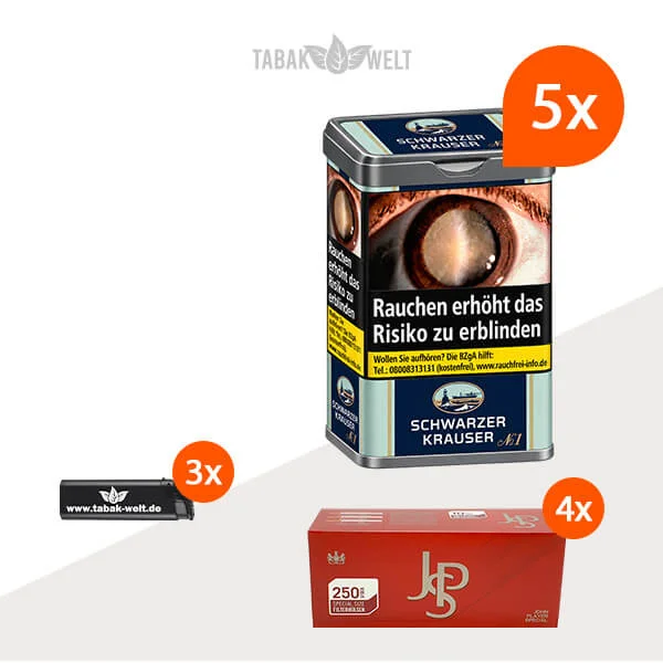 Schwarzer Krauser No. 1 Feinschnitt-Tabak, 5 Dosen mit 1.000 JPS Special-Size-Filterhülsen.