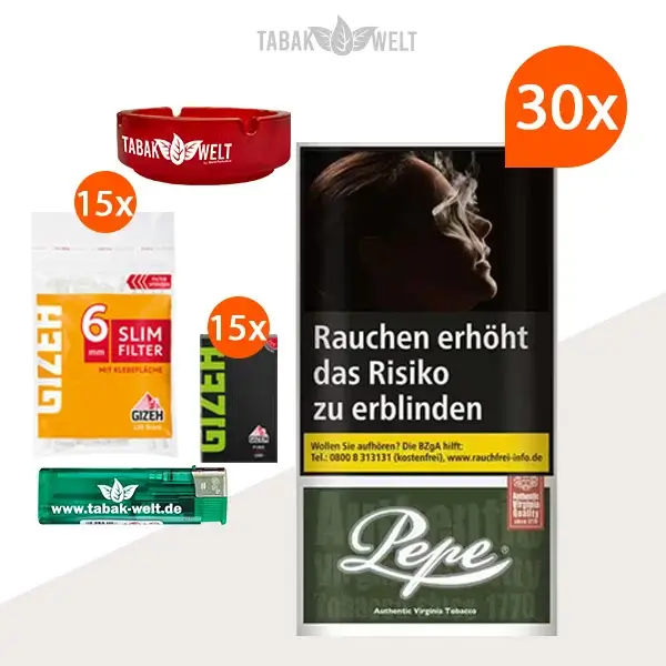 Pepe Dark Green Drehtabak 30x Pouch mit Glas Aschenbecher