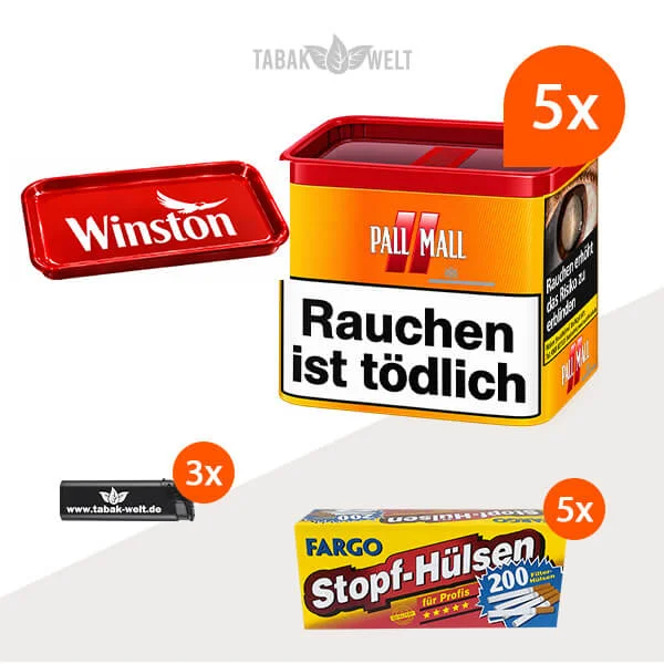 Pall Mall Volumentabak Allround Red 5 x Dose mit 1000 Stopfhülsen und Stopftablett